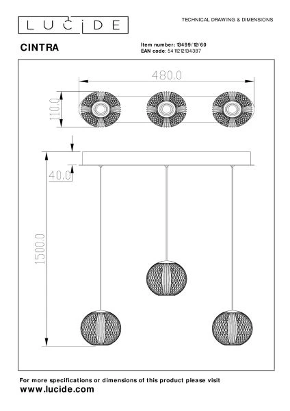 Lucide CINTRA - Hanglamp - LED Dimb. - 3x4,7W 2700K - Transparant - technisch